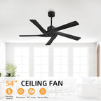 WINGBO 54" ABS DC Ceiling Fan No Light, 5 Blade ABS Plastic Ceiling Fan with Remote, 6-Speed Reversible DC Motor, Ceiling Fans without Light for Kitchen Bedroom Living Room, Matte Black
