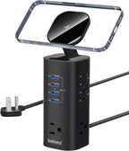 Flat Plug Surge Protector Tower, TenTrend Power Strip Tower with Surge Protection, 3 AC Outlets & 8 USB Ports, 5FT Extension Cord, 115W Total Fast Charging Tower for Multiple Devices