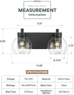 METWET Bathroom Light Fixtures, 2 Light Matte Black Vanity Light, Modern Wall Sconces with Clear Glass Globe Shade, Bathroom Wall Lights Over Mirror Kitchen Bedroom Hallway, VL195-MB-2