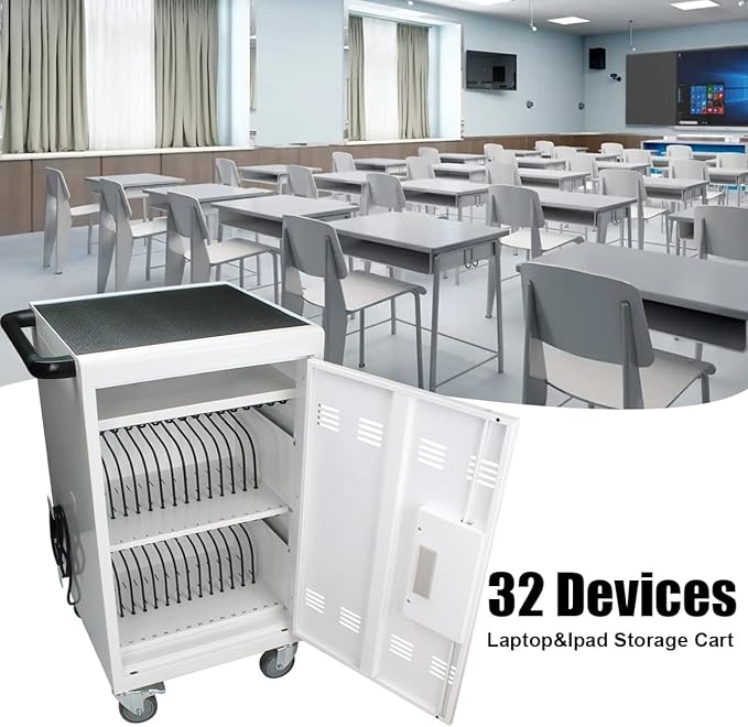 30-Device Mobile Charging Cart with Power Strip, Locks, Cable Management, Up to 16.3" Safe Charging Cabinet for Chromebooks, Tablets, Laptops. White with Code Lock