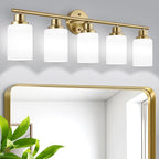 Guliaofo 5-Light Vanity Lights, Brushed Gold Bathroom Light Fixture with Striped Textured Milky White Glass Shade, E26 Modern Vanity Lighting Fixture for Bathroom Wall Sconce Light Over Mirror
