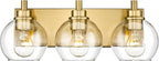 METWET Bathroom Light Fixtures, 3-Light Brushed Gold Vanity Light, Modern Wall Sconces with Clear Glass Globe Shade, Bathroom Wall Lights for Mirror Kitchen Bedroom Hallway Living Room, VL195-GD-3