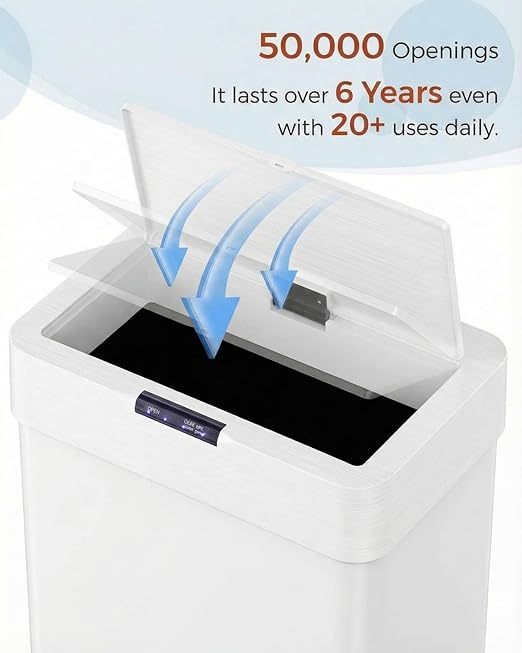 TLSUNNY 13.2 Gallon Motion Sensor Trash Can,Touchless Automatic Garbage Can,Brushed Stainless Steel Smart Bin,with Bag Holder,Soft Close Lid,for Kitchen,Office,RV,Bedroom,Living Room (White, 50L)