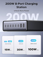 UGREEN Nexode 200W GaN USB C Charging Station, 8-Port Desktop Charger with PD 100W for MacBook Pro 16"/Air, Dell XPS, iPad Pro, iPhone 17/16/15, Galaxy S25/S24, Pixel 10/9