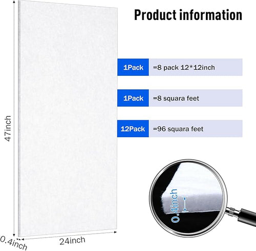 12 Pack Large Acoustic Panels, 47 x 24 x 0.4 Inch Self-adhesive Sound Absorbing Panel for Studio Home Office(White)