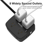 10 Ft Surge Protector Power Strip - YISHU 8 Widely Outlets with 4 USB Ports, 3 Side Outlet Extender with 10 Feet Flat Extension Cord, Ultra Flat Plug, Wall Mount, Desk USB Charging Station, ETL, Black