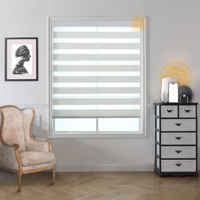 MUSCLEAREA Motorized Blinds with Remote, Cordless Automatic Zebra Shades, Smart Blind for Windows, White, 27 x 72