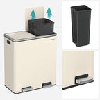 SONGMICS Trash Can, 2 x 8 Gallon (2 x 30 L) Garbage Can for Kitchen, with 15 Trash Bags, 2 Compartments, Plastic Inner Buckets and Hinged Lids, Airtight, Almond Color ULTB201A01
