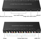 RuiPuo 4Port AV to HDMI Converter, 4Port AV to HDMI Switcher with IR Remote, Support 16:9/4:3 and Quick Switch Compatible with WII/N64/SNES/Xbox/PS1/PS2/PS3/VHS/VCR/DVD Players etc.(4AV In-1HDMI Out)