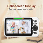 Blemil Upgrade Baby Monitor with 30-Hour Battery, 5" Large Split-Screen Video Baby Monitor with 2 Cameras and Audio, Remote Pan/Tilt/Zoom, Two-Way Talk, Room Temperature, Night Vision, 1000ft Range
