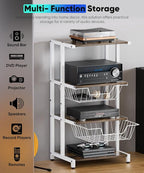 Ardier Media Stand with Two Detachable Baskets, 4-Tier AV Media Stand Corner Shelf for DVD Players/Cable Boxes/Games Consoles, Audio Storage Rack for Living Room, Gaming Room, Music Studio, White