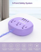 Purple Extension Cord with Surge Protected 1080J - 5 FT Flat Power Strip, 1625W Cute Extension Cord with 3 AC Outlet 4 USB (24W/4.8A), Compact for Cute Purple Kawaii Lavender Accessories