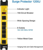 CCCEI Heavy Duty Power Strip Surge Protector with 15A, 6 Plug Industrial Shop Workshop Garden Metal Multiple Outlets, 10FT Extension Cord 1200 Joules ETL Listed, Yellow