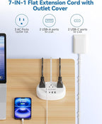Flat Extension Cord with Outlet Cover & Cable Clips- 10 FT, 1625W Child Proof Extension Cord with 3 AC Outlet 4 USB (24W/4.8A), Flat 90 Degree Power Strip for Behind Furniture Couch Sofa TV, etc