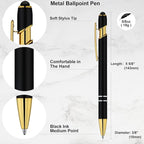 LINFANC 12 Pack Black Gold Ballpoint Pen with Stylus Tip, 1.0 mm Black Ink Smooth Writing Pens, Metal Stylus Pens for Touch Screens