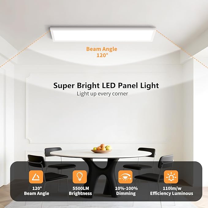 AIKVSXER 2 Pack 1x4 LED Panel Light Surface Mount, 50W 5500LM, 3CCT (3000K-5000K), Ultra-Thin 48In, Triac Dimmable, Energy Efficient, Ceiling Light for Kitchen Garage Office Basement