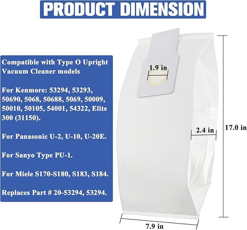 53294 Type O HEPA Cloth Vacuum Bags Replacement for Kenmore Upright Vacuum Cleaners, 12 Pack