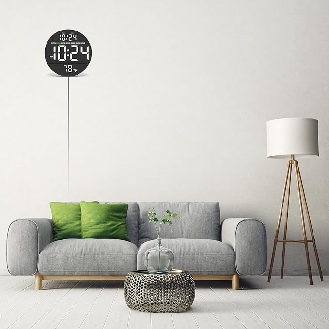 Digital Wall Clock with Large LED Display, Date, Temperature, Auto-Brightness | Small [PLUG-IN] Clock | Modern Electric Wall Clock for Bedroom, Classroom, Living Room, Home, Office, Farmhouse – White