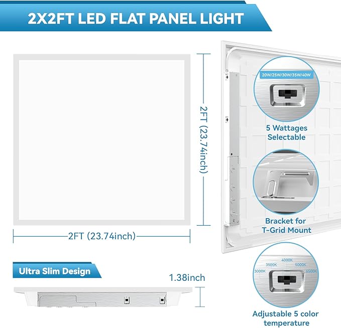 Msbfi 2x2 LED Flat Panel Light - 24 Pack Drop Office Ceiling Light 30-35-40W Adjustable, 130LM/W 3500K/4000K/5000K Selectable, 0-10V Dimmable, 100-277V for Office Ceiling Lighting Fixture ETL/DLC