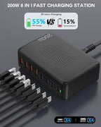 USB C Charger Block, 200W 8 Port USB C Charging Station, GaN Type C & A Charger Fast Charging Desktop Hub PD Block Laptop Adapter for Apple iPhone Air 17 16 15,iPad Pro/Air/Mini,MacBook Pro/Air,Galaxy