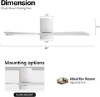 WINGBO 48 Inch Flush Mount DC Ceiling Fan with Lights and Remote, 5 Reversible Carved Wood Blades, 6-Speed Noiseless DC Motor, Hugger Ceiling Fan in White Finish, Low Profile Ceiling Fans, ETL Listed