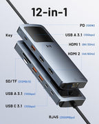 Laptop Docking Station Dual Monitor， 12-in-1 USB C Docking Station with Smart LCD Display, 2 HDMI Ports+100W PD+10Gbps USB-C/A+2.5G Ethernet+SD/TF,Docking Station for Dell/HP/Lenovo Laptop