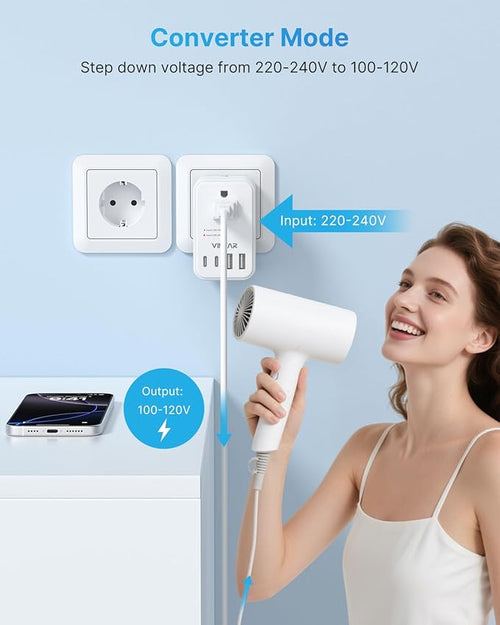 220V to 110V Voltage Converter US to Europe, VINTAR 2000W Detachable Power Converter Adapter Combo with Type A/C/G/I Plugs, International Travel Converter for Hair Dryer Straightener Curling Iron