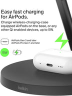 Belkin MagSafe-Compatible Charger, 3-in-1 Wireless Charging Station, Qi2-Certified 15W Wireless Charge for Apple iPhone 17 Series, Apple Watch, AirPods w/Non-Slip Base, 40W Included - Black
