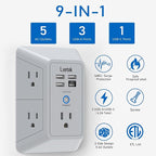Outlet Extender, Surge Protector Outlet with 5-Multi Plug Outlet and 4 USB Ports(1 USB C), 3-Sided 1680J Power Strip Wall Charger, Multiple-Plug Outlet Splitter for Home Travel Office,ETL Listed,Grey