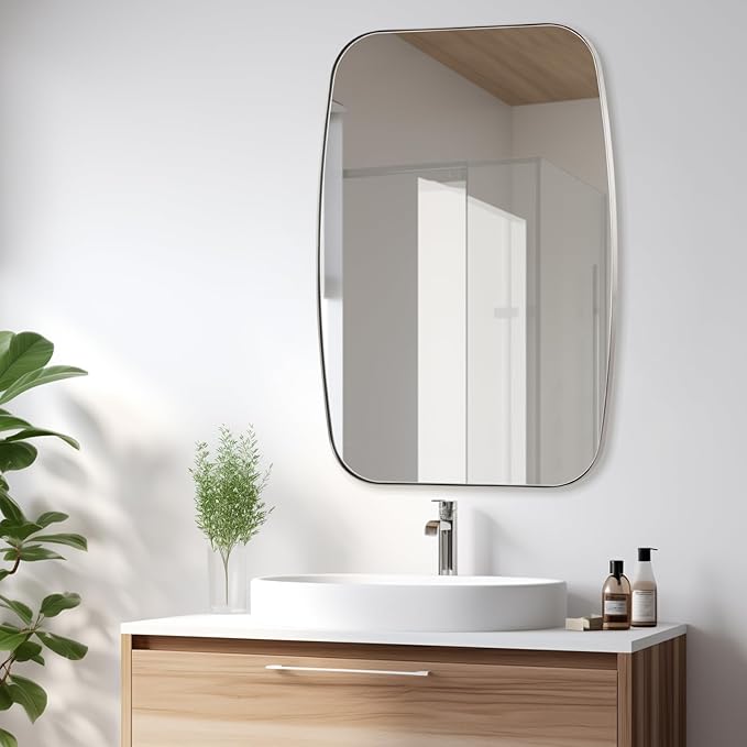 Brushed Nickel Bathroom Mirror, 24"×36" Oval Vanity Mirror with Stainless Steel Metal Frame, Silver Oblong Wall Mount Mirror for Bedroom, Living Room