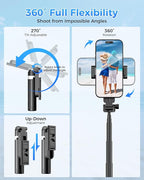 Kinwald 3-in-1 Phone Tripod with LED Lights & Remote, Extendable Selfie Stick Tripod Stand, Compact Portable with Bluetooth Remote for iPhone/Android Vlogging & Photography (Black)