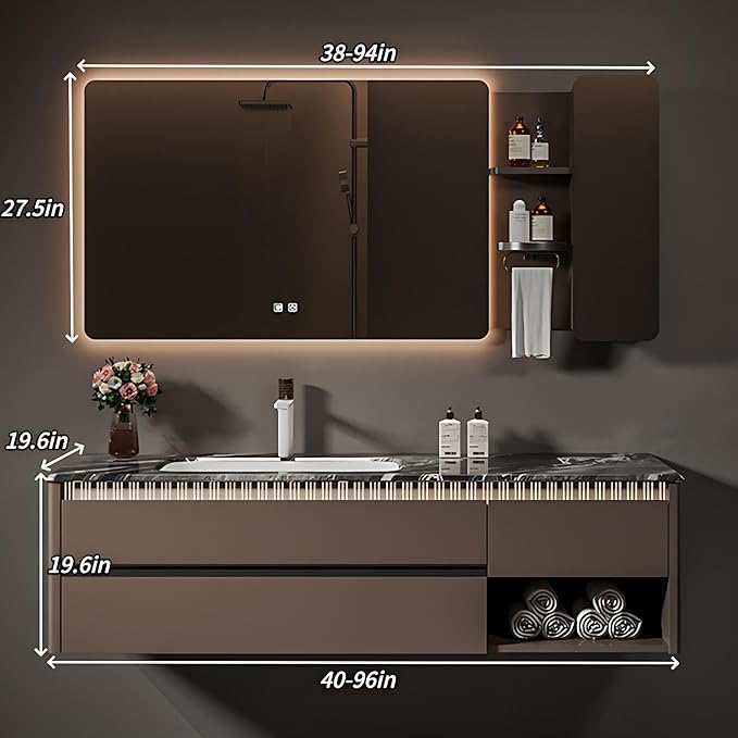 Modern Bathroom Vanity - Spacious Deep Sink | Defogging LED Mirror & Human Body Sensor Light, Open Side Panel, Floating Smart Bathroom Vanities (68IN)
