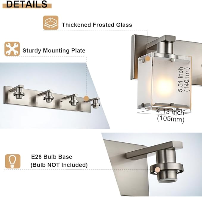 WINSHEN Modern 3-Lights Brushed Nickel Vanity Lights, Bathroom Light Fixture Over Mirror Wall Lighting Sconces with Frosted Glass Shades, E26 Bulb Base