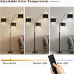Fansdrick Floor lamp with Remote, 3 Light Arc Floor Lamps for Living Room, 2400LM Tall Standing Floor Lamps with Black Shades, 80" Large Floor Lamp for Bedroom, Office