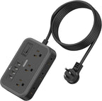 Flat Plug Extension Cord 10 Ft, NTONPOWER 6 Widely Spaced Outlet(2 Side) Power Strip with 4 USB Ports, Overload Protection, Wall Mount Charging Station for Home Office, Nightstand and dorm room, Black