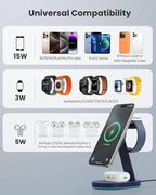 3 in 1 Wireless Charger Charging Station for iPhone,Qi2 Certified 15W Magnetic Charging Stand for Mag-Safe with 30W USB C Adapter&Friendly Night Light for iPhone 16/15/14/13/12,Apple Watch,AirPods