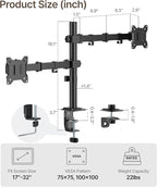 monTEK Dual Monitor Stand for 17"–32” Computer, Adjustable Height Stable Monitor Mount Fit up to 32 inch Screen, Hold up to 22lbs Weight, C-Clamp and Grommet, VESA 75x75mm/100x100mm
