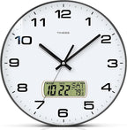 TIMESS Wall Clock, 12" Dial Non-Ticking Silent Battery Operated Analog with LCD Display for Perpetual Calendar and F° Temperature, Ideal Modern Home, Bedroom, Kitchen, Office Decor (Black)