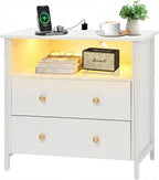 Tykacna 27 Inch Wide Night Stand, Large Wood Night Stand with 2 Drawers, LED Nightstand with Charging Station and Adjustable Drawer, Bedside Table for Living Room/Bedroom/Study/Office, White.