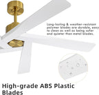 WINGBO 54" ABS DC Ceiling Fan No Light, 5 Blade ABS Plastic Ceiling Fan with Remote, 6-Speed Reversible DC Motor, Ceiling Fans without Light for Kitchen Bedroom Living Room, Brass and White
