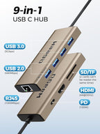 QGeeM USB C Hub Ethernet,9 in 1 USB Type C Hub HDMI Multi-Port Converter Adapter,100W Pd, USB 3.0,SD/TF Card Reader,Compatible for MacBook Pro Air Ipad HP Dell Lenovo Chromebook etc.-Brown