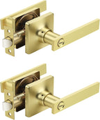 Mengico 2 Pack Gold Privacy Lever Door Handle Interior with Lock, Heavy Duty Square Door Lock for Bed/Bath, Keyless Door Locksets, Reversible for Left Right Handed Doors