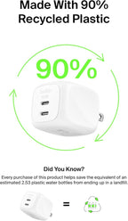 Belkin 2-Port USB C Charger Block 50W, Dual-Port GaN Charger w/ 2X USB C Ports & Included 1M C-C Cable, Fast Charging for MacBook, iPhone, iPad, Chromebook, Galaxy, Pixel - Travel Essentials - White