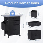 Printer Stand with 3 Fabric Drawer, Mobile File Cabinet for Home Office with Storage Bag, Rolling Under Desk Organizer Shelf, Fits A4 or Letter Size, Complete Top Plate Fast Assembly (Night Black)