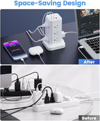 Power Strip Tower with Surge Protector 1800J, Fast Charging Tower PD20W USB-C Ports with 12 AC Outlets, 10ft Extension Cord for Home Office Dorm Room, White