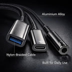 Mizi 3-in-1 USB C to Headphone Jack and Charger Adapter, 60W PD Fast Charging & USB A Hub, Compatible with iPhone 15/16/17 Pro/Max, Samsung Galaxy, iPad Pro, MacBook, Pixel - Black