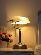 Newrays Glass Bankers Desk Lamp with Pull Chain Switch Plug in Fixture (Matted White +Green Bronze Base, Classic)
