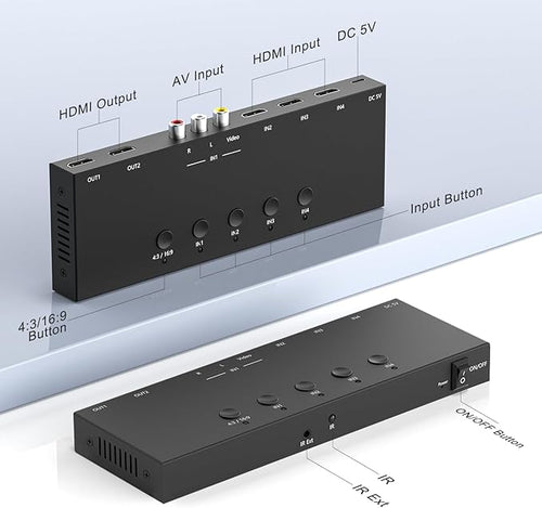 4 in 2 Out RCA/HDMI Switcher，3 Way HDMI 2.0 + 1 RCA Converter，4:3/16:9 & 2 Ports HDMI Output Support 4K and 3D for PS1/2/3/4/5, N64, SNES, Switch, DVD, Roku, etc.
