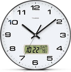TIMESS Wall Clock, 13" Dial Non-Ticking Silent Battery Operated Analog with LCD Display for Perpetual Calendar and F° Temperature, Ideal Modern Home, Bedroom, Kitchen, Office Decor(Black)