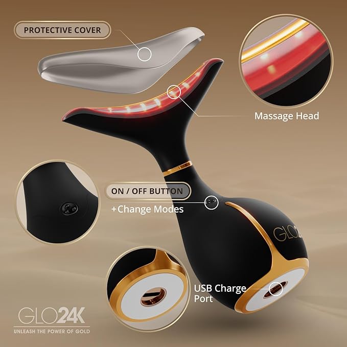 GLO24K Red Light Beauty Device for Face & Neck – 2-Pack, 3-in-1 Facial and Neck Massager with Triple LED & Vibration Technology